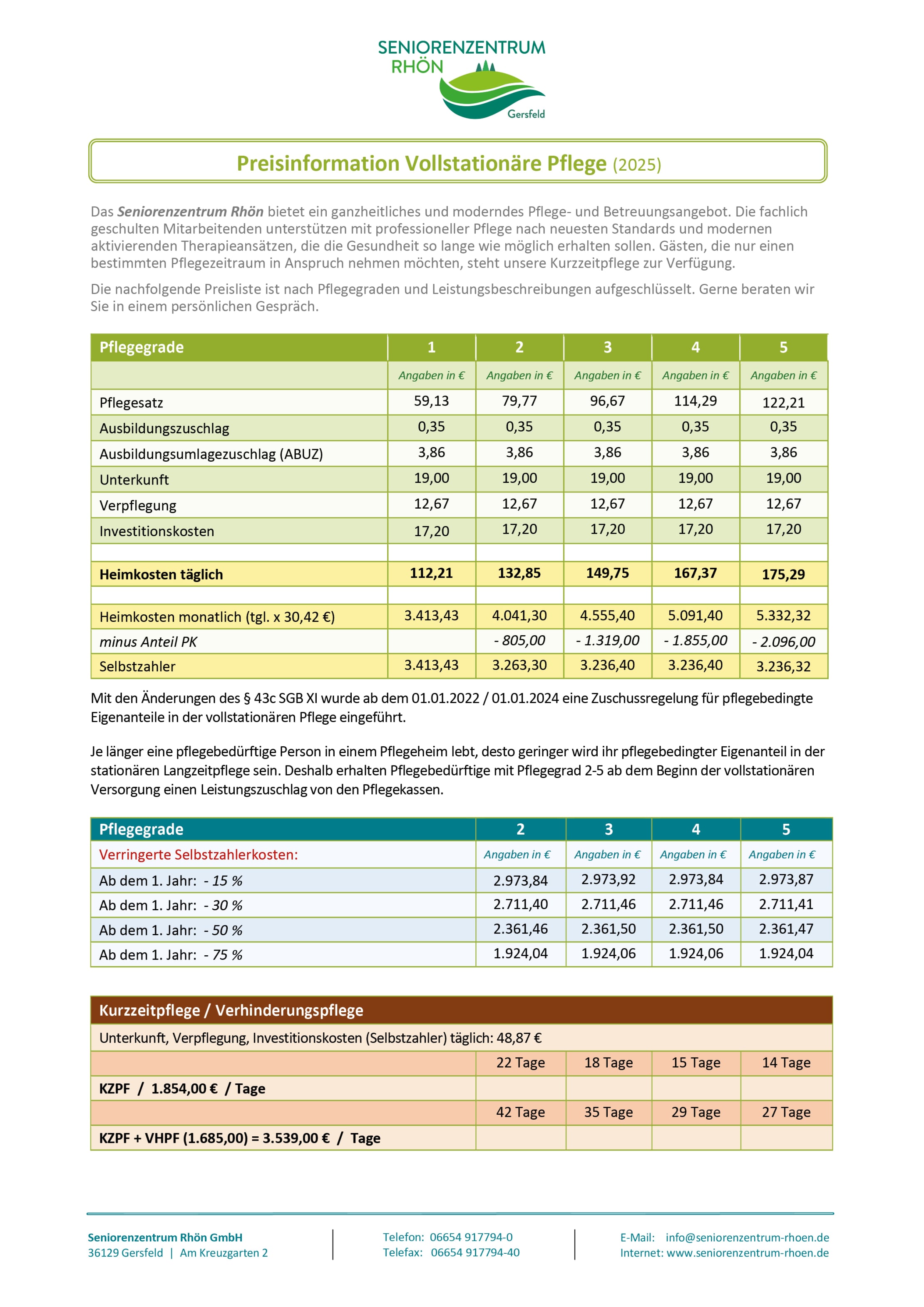 Preisliste Seniorenzentrum Rhön